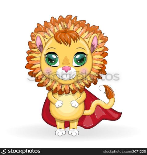 Cartoon lion boy in red super hero cloak with beautiful eyes.. Cartoon lion boy in red super hero cloak with beautiful eyes