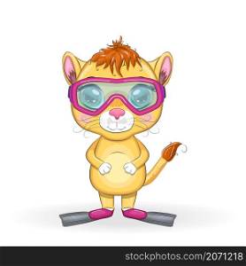 Cartoon lion in flippers, swimming circle, hat, glasses. Character with beautiful eyes, childish. Summer vacation concept. Cartoon lion in flippers, swimming circle, hat, glasses. Character with beautiful eyes, childish. Summer, vacation