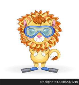Cartoon lion in flippers, swimming circle, hat, glasses. Character with beautiful eyes, childish. Summer vacation concept. Cartoon lion in flippers, swimming circle, hat, glasses. Character with beautiful eyes, childish. Summer, vacation