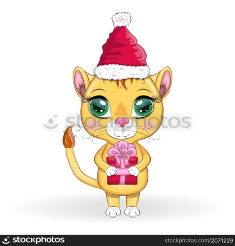 Cartoon lion in winter clothes. New Year&rsquo;s and Christmas. Scarves, fur coat, hat, skates, gifts, candy canes and balls. Merry Christmas and Happy New year. Funny lion in red hat with gift in cartoon style. Greeting card.