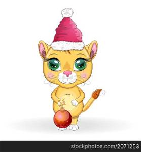 Cartoon lion in winter clothes. New Year&rsquo;s and Christmas. Scarves, fur coat, hat, skates, gifts, candy canes and balls. Merry Christmas and Happy New year. Funny lion in red hat with gift in cartoon style. Greeting card.