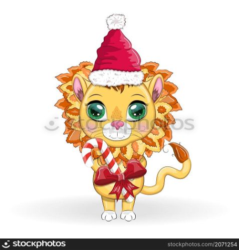 Cartoon lion in winter clothes. New Year&rsquo;s and Christmas. Scarves, fur coat, hat, skates, gifts, candy canes and balls. Merry Christmas and Happy New year. Funny lion in red hat with gift in cartoon style. Greeting card.