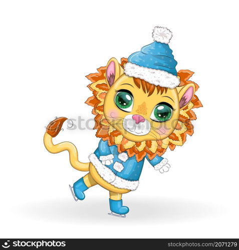 Cartoon lion in winter clothes. New Year&rsquo;s and Christmas. Scarves, fur coat, hat, skates, gifts, candy canes and balls. Merry Christmas and Happy New year. Funny lion in red hat with gift in cartoon style. Greeting card.