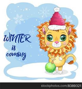Cartoon lion in winter clothes. Winter is coming. New Year&rsquo;s and Christmas. Scarves, fur coat, hat, skates, gifts, candy kane and balls. Merry Christmas and Happy New year. Funny lion in red hat with gift in cartoon style. Greeting card.