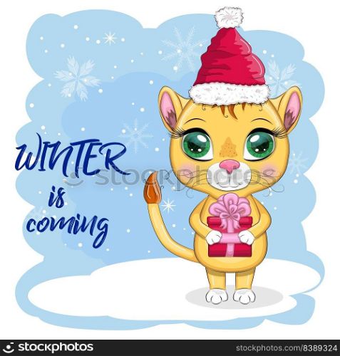 Cartoon lion in winter clothes. Winter is coming. New Year&rsquo;s and Christmas. Scarves, fur coat, hat, skates, gifts, candy kane and balls. Merry Christmas and Happy New year. Funny lion in red hat with gift in cartoon style. Greeting card.
