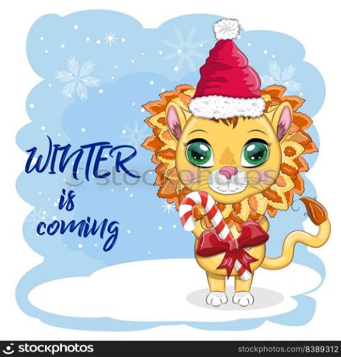 Cartoon lion in winter clothes. Winter is coming. New Year’s and Christmas. Scarves, fur coat, hat, skates, gifts, candy kane and balls. Merry Christmas and Happy New year. Funny lion in red hat with gift in cartoon style. Greeting card.