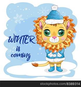 Cartoon lion in winter clothes. Winter is coming. New Year’s and Christmas. Scarves, fur coat, hat, skates, gifts, candy kane and balls. Merry Christmas and Happy New year. Funny lion in red hat with gift in cartoon style. Greeting card.
