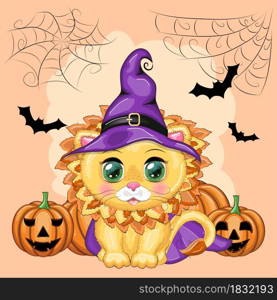 Cartoon lion, lioness in a purple witch&rsquo;s hat and cloak with pumpkins, against the backdrop of a cobweb, castle, moon and trees. Halloween poster. Cartoon lion, lioness in a purple witch&rsquo;s hat and cloak with pumpkins, against the backdrop of a cobweb, castle, moon and trees. Halloween