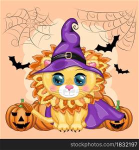 Cartoon lion, lioness in a purple witch&rsquo;s hat and cloak with pumpkins, against the backdrop of a cobweb, castle, moon and trees. Halloween poster. Cartoon lion, lioness in a purple witch&rsquo;s hat and cloak with pumpkins, against the backdrop of a cobweb, castle, moon and trees. Halloween