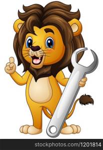 Cartoon lion pointing with holding a wrench
