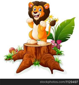 Cartoon lion posing on tree stump