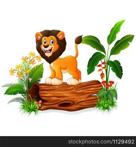 Cartoon lion posing on tree trunk