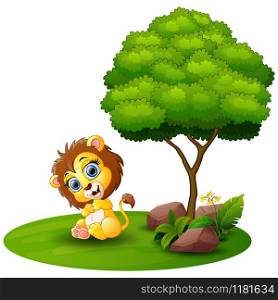Cartoon lion sitting under a tree on a white background