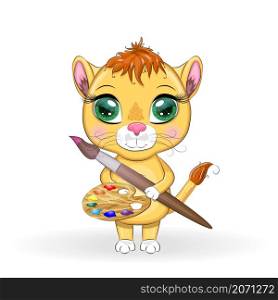 Cartoon lion with a palette of paints and a brush. Character artist, painter.. Cartoon lion with a palette of paints and a brush. Character artist, painter