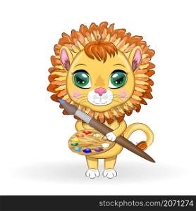 Cartoon lion with a palette of paints and a brush. Character artist, painter.. Cartoon lion with a palette of paints and a brush. Character artist, painter