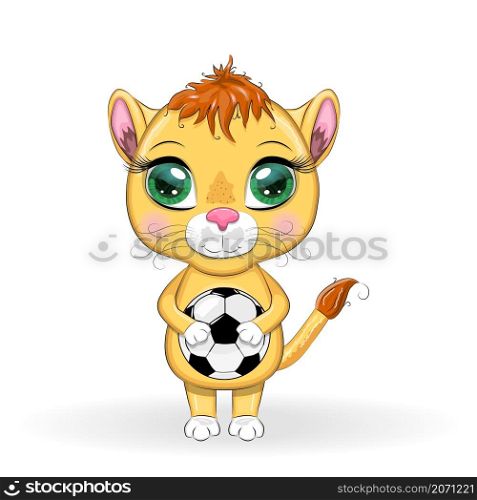 Cartoon lion with a soccer ball. Character with beautiful eyes, childish. Sport concept.. Cartoon lion with a soccer ball. Character with beautiful eyes, childish. Sport concept