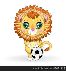 Cartoon lion with a soccer ball. Character with beautiful eyes, childish. Sport concept.. Cartoon lion with a soccer ball. Character with beautiful eyes, childish. Sport concept