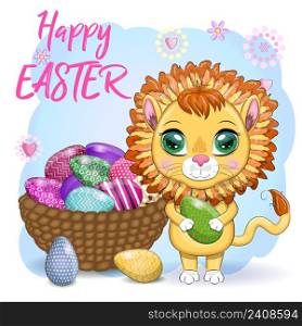 Cartoon lion with Easter egg. Character with beautiful eyes, childish. Easter holiday, greeting card.. Cartoon lion with Easter egg. Character with beautiful eyes, childish. Easter holiday, greeting card