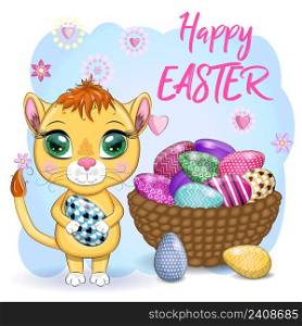 Cartoon lion with Easter egg. Character with beautiful eyes, childish. Easter holiday, greeting card.. Cartoon lion with Easter egg. Character with beautiful eyes, childish. Easter holiday, greeting card