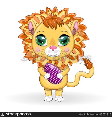 Cartoon lion with Easter egg. Easter holiday, greeting card.. Cartoon lion with Easter egg. Easter holiday, greeting card