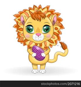 Cartoon lion with Easter egg. Easter holiday, greeting card.. Cartoon lion with Easter egg. Easter holiday, greeting card