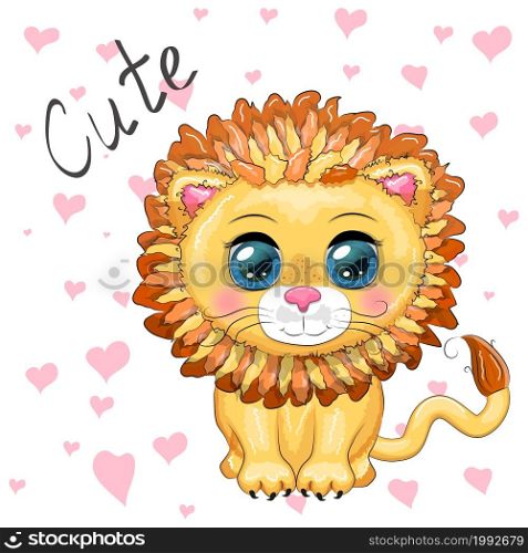 Cartoon lion with expressive eyes. Wild animals, character, childish cute style.. Cartoon lion with expressive eyes. Wild animals, character, childish cute style