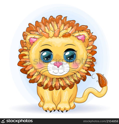 Cartoon lion with expressive eyes. Wild animals, character, childish cute style.. Cartoon lion with expressive eyes. Wild animals, character, childish cute style