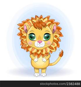Cartoon lion with expressive eyes. Wild animals, character, childish cute style.. Cartoon lion with expressive eyes. Wild animals, character, childish cute style