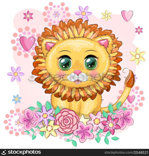 Cartoon lion with expressive eyes with flowers. Wild animals, character, childish cute style. Cartoon lion with expressive eyes. Wild animals, character, childish cute style.