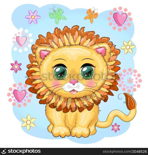Cartoon lion with expressive eyes with flowers. Wild animals, character, childish cute style. Cartoon lion with expressive eyes. Wild animals, character, childish cute style.