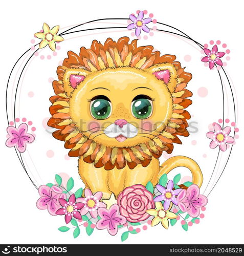 Cartoon lion with expressive eyes with flowers. Wild animals, character, childish cute style. Cartoon lion with expressive eyes. Wild animals, character, childish cute style.