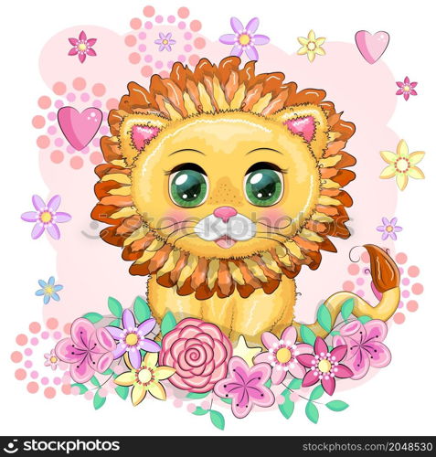 Cartoon lion with expressive eyes with flowers. Wild animals, character, childish cute style. Cartoon lion with expressive eyes. Wild animals, character, childish cute style.