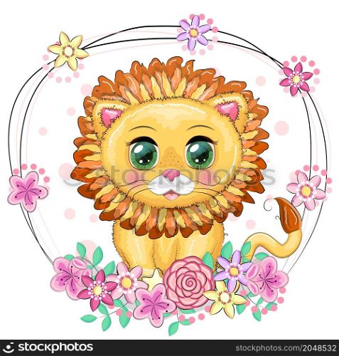 Cartoon lion with expressive eyes with flowers. Wild animals, character, childish cute style. Cartoon lion with expressive eyes. Wild animals, character, childish cute style.