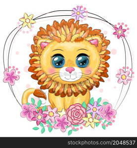 Cartoon lion with expressive eyes with flowers. Wild animals, character, childish cute style. Cartoon lion with expressive eyes. Wild animals, character, childish cute style.