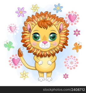 Cartoon lion with expressive eyes with flowers. Wild animals, character, childish cute style. Cartoon lion with expressive eyes. Wild animals, character, childish cute style.