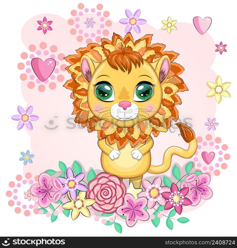 Cartoon lion with expressive eyes with flowers. Wild animals, character, childish cute style. Cartoon lion with expressive eyes. Wild animals, character, childish cute style.