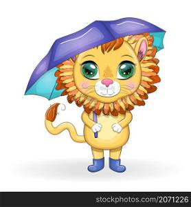 Cartoon lion with umbrella. Autumn character and postcard is coming. Cartoon lion with umbrella. Autumn character and postcard is coming.