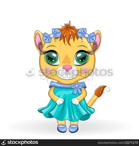 Cartoon lioness in a beautiful dress with bows and flowers. Girl character, wild animal with human traits.. Cartoon lioness in a beautiful dress with bows and flowers. Girl character, wild animal with human traits