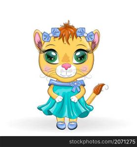 Cartoon lioness in a beautiful dress with bows and flowers. Girl character, wild animal with human traits.. Cartoon lioness in a beautiful dress with bows and flowers. Girl character, wild animal with human traits