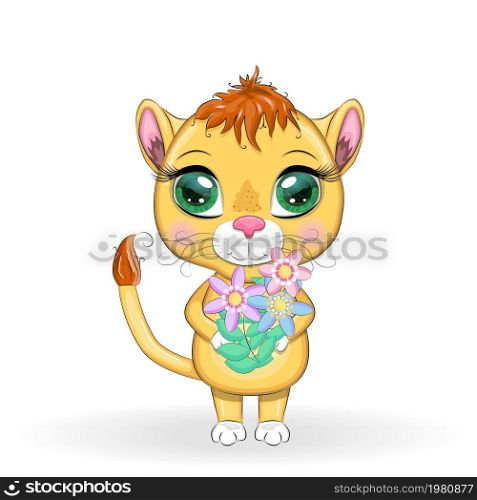 Cartoon lioness with expressive eyes with flowers. Wild animals, character, childish cute style. Cartoon lion with expressive eyes. Wild animals, character, childish cute style.