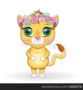 Cartoon lioness with expressive eyes with flowers. Wild animals, character, childish cute style. Cartoon lion with expressive eyes. Wild animals, character, childish cute style.