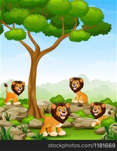 Cartoon lions group in the jungle