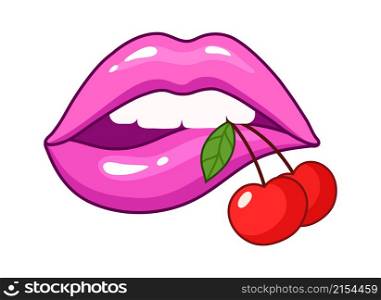 Cartoon lips with red cherry. Sexy female mouth, isolated kiss patch. Pink lip vector sticker for design, decoration or poster. Cherry love print, girl lips illustration. Cartoon lips with red cherry. Sexy female mouth, isolated kiss patch. Pink lip vector sticker for design, decoration or poster