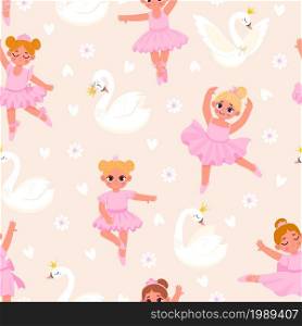 Cartoon little ballerina girls and swans seamless pattern. Fairy princess in pink dresses dancing ballet. Cute dancers for vector wallpaper. Young lovely female children performing postures. Cartoon little ballerina girls and swans seamless pattern. Fairy princess in pink dresses dancing ballet. Cute dancers for vector wallpaper