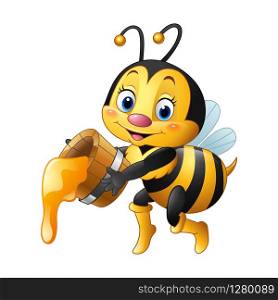 Cartoon little bee holding honey bucket