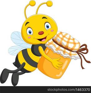 Cartoon little bee holding honey jar