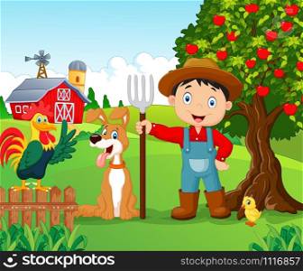 Cartoon little boy and dog in the farm
