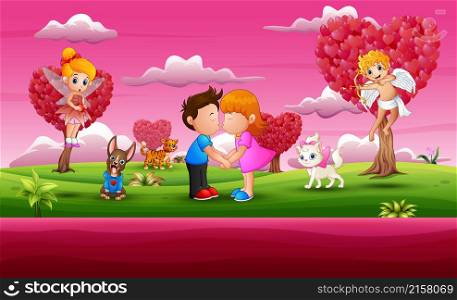 Cartoon little boy and girl kissing in beautiful pink garden