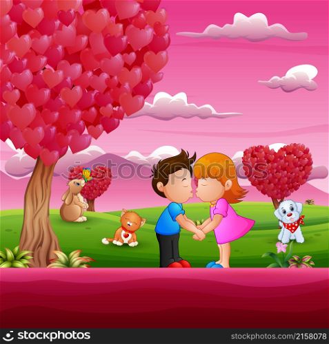 Cartoon little boy and girl kissing in beautiful pink scenes