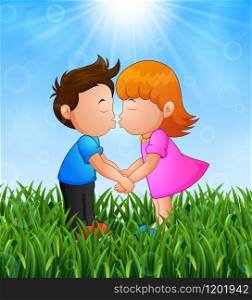 Cartoon little boy and girl kissing in the grass on a background of bright sunshine